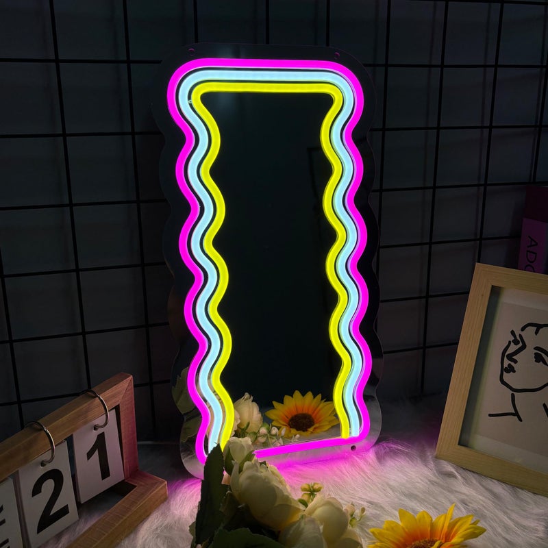 Moneter Anime Wave Mirror with Neon Signs, Dimmable for Teen Girls Gift, Makeup Mirror, Cute Acrylic Wall Decor, Retro Style, Tabletop Mount, Lighted - Image 1