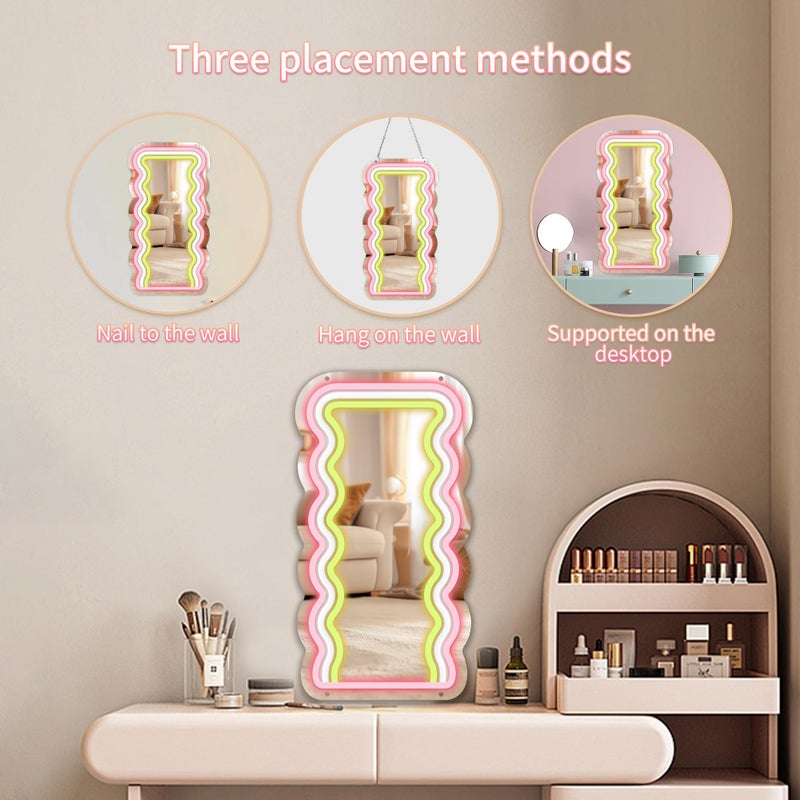 Moneter Anime Wave Mirror with Neon Signs, Dimmable for Teen Girls Gift, Makeup Mirror, Cute Acrylic Wall Decor, Retro Style, Tabletop Mount, Lighted - Image 3