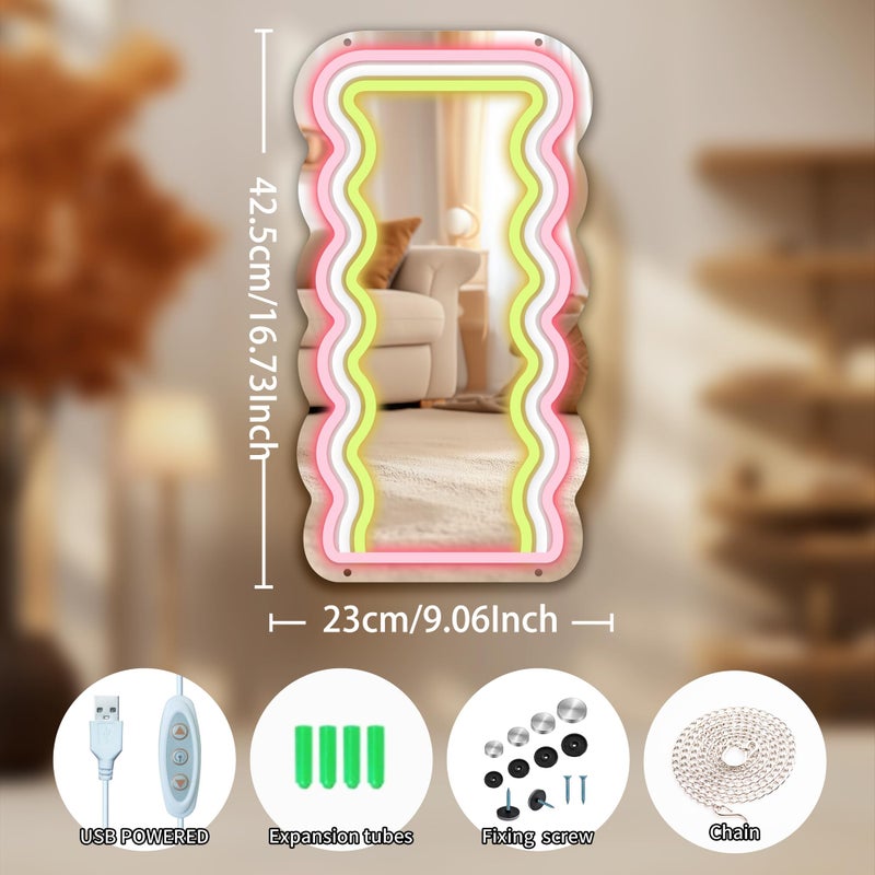 Moneter Anime Wave Mirror with Neon Signs, Dimmable for Teen Girls Gift, Makeup Mirror, Cute Acrylic Wall Decor, Retro Style, Tabletop Mount, Lighted - Image 4