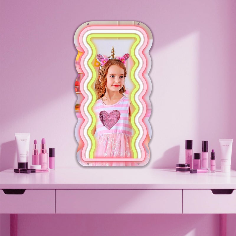 Moneter Anime Wave Mirror with Neon Signs, Dimmable for Teen Girls Gift, Makeup Mirror, Cute Acrylic Wall Decor, Retro Style, Tabletop Mount, Lighted - Image 2