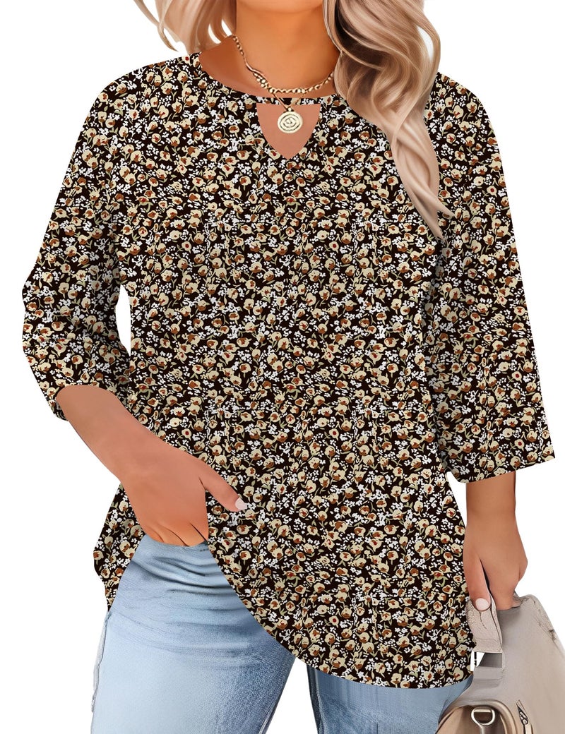 Rapbin Plus Size Spring Clothes for Women 3/4 Sleeve Tshirt Dressy Round Neck Tunic Fashion Hollow Basic Top Black Floral 5XL - Image 1