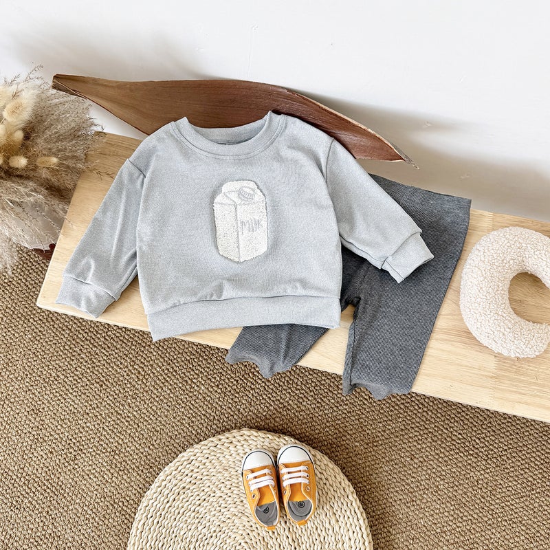 Spring and Autumn New Baby Clothing Cute Milk Box Sticker Crewneck Sweatshirt Solid Color Sports Trousers Childrens suit Light gray 
