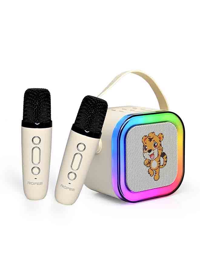 Rofee Mini Cartoon Bluetooth Speaker with 2 Wireless Microphones & LED Lights-Beige  - Image 1