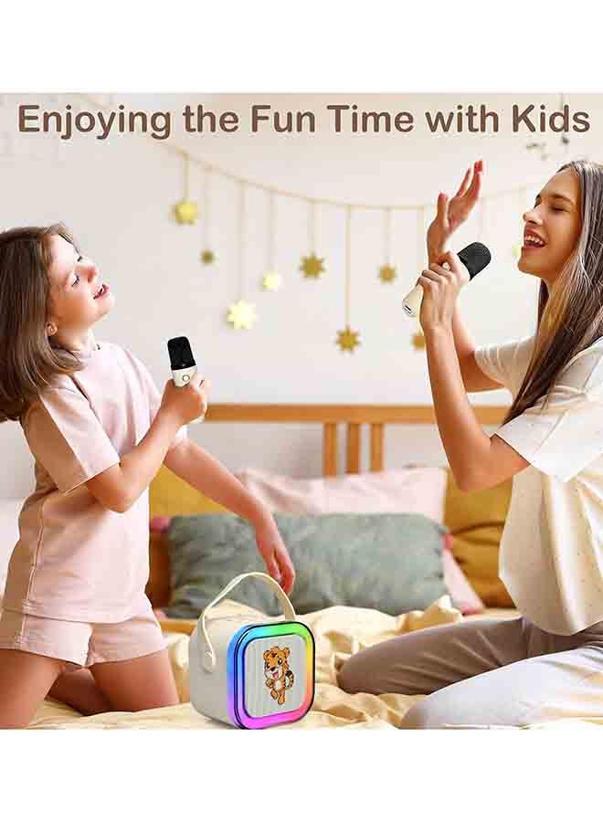 Rofee Mini Cartoon Bluetooth Speaker with 2 Wireless Microphones & LED Lights-Beige  - Image 3