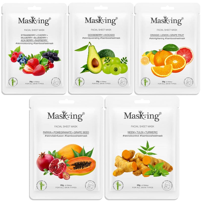 MasKing Bamboo Facial Sheet Mask of Strawberry Gooseberry Orange Papaya Neem Ideal for Women Men 100ml Combo Pack of 5 - Image 1