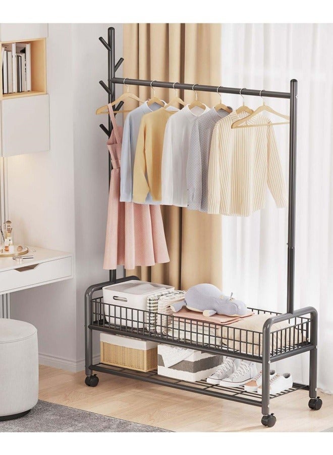 GGEROU Rolling Garment Rack with Wheels, Heavy Duty Clothes Rack with Storage Basket and Coat Rack, Freestanding Metal Wardrobe Storage for Hanging Clothes, Black  - Image 3