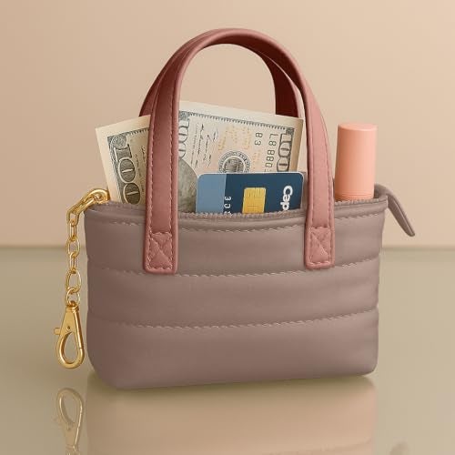 MyfavoriteK Mini Puffer Tote Bag Keychain Puffy Purse Keyring with Gold Heart Charm Cute Bag Charm Gift for Women Girls Teens Key Ring (Brown) - Image 2