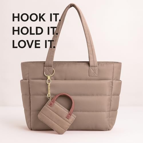 MyfavoriteK Mini Puffer Tote Bag Keychain Puffy Purse Keyring with Gold Heart Charm Cute Bag Charm Gift for Women Girls Teens Key Ring (Brown) - Image 4