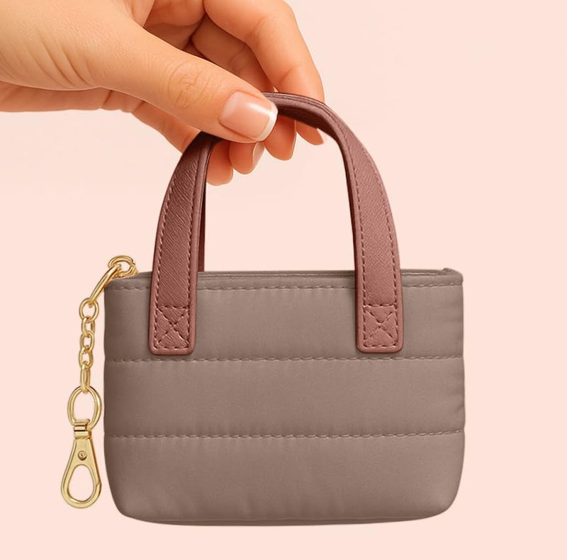MyfavoriteK Mini Puffer Tote Bag Keychain Puffy Purse Keyring with Gold Heart Charm Cute Bag Charm Gift for Women Girls Teens Key Ring (Brown) - Image 3