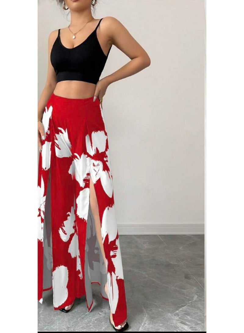 MANIKAN Women's Lingerie Women's Two-Piece Outfit Set Black Crop Top with High Waist Floral Print Maxi Skirt and Palazzo Pants - Image 3