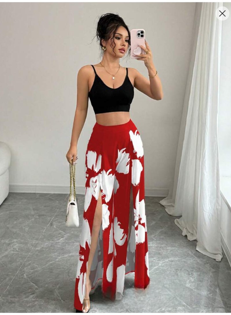 MANIKAN Women's Lingerie Women's Two-Piece Outfit Set Black Crop Top with High Waist Floral Print Maxi Skirt and Palazzo Pants - Image 1