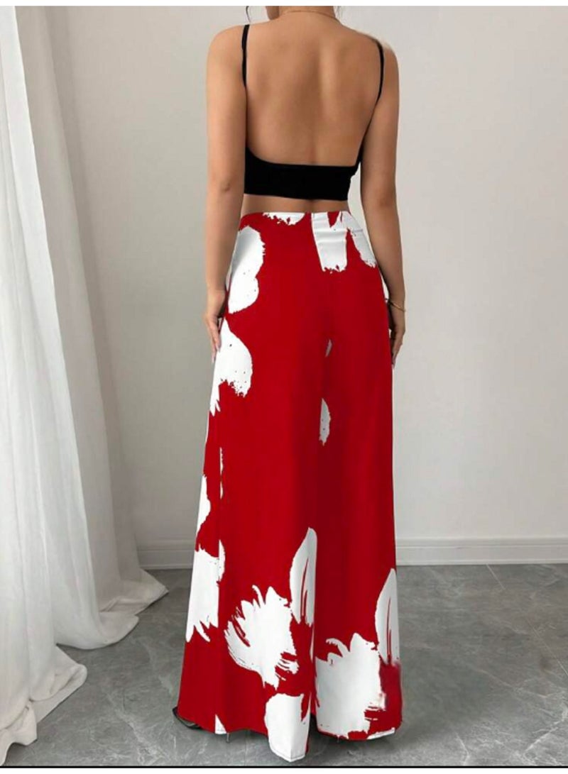 MANIKAN Women's Lingerie Women's Two-Piece Outfit Set Black Crop Top with High Waist Floral Print Maxi Skirt and Palazzo Pants - Image 2