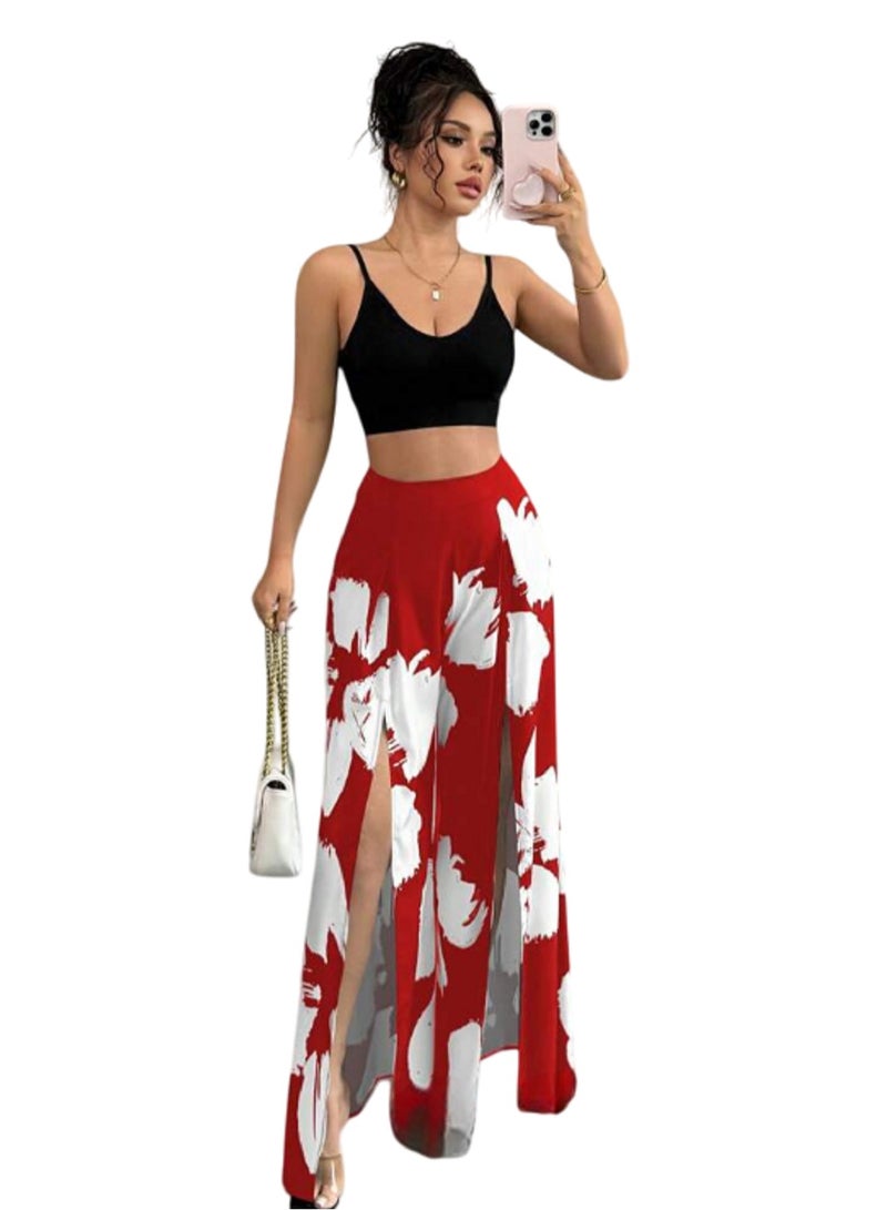 MANIKAN Women's Lingerie Women's Two-Piece Outfit Set Black Crop Top with High Waist Floral Print Maxi Skirt and Palazzo Pants - Image 4