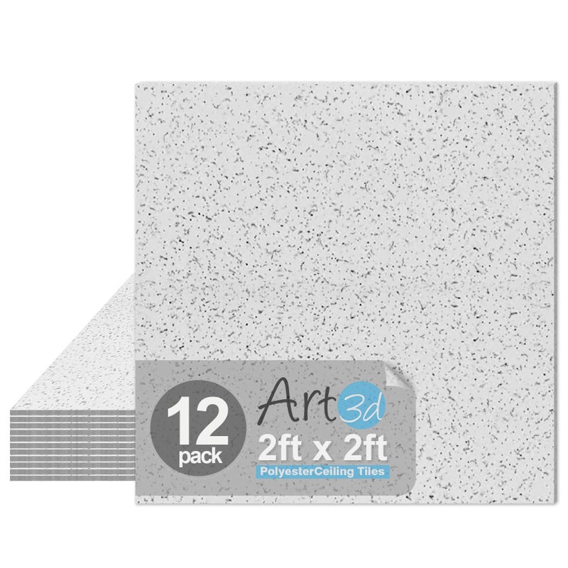 Art3d Pro Drop Ceiling Tiles 2ft x 2ft, 12-Pack Waterproof Polyester Ceiling Panels for Office Basement Kitchen Recording Room, Reusable,Covers 48 Sq.Ft, White Stucco Printing - Image 1
