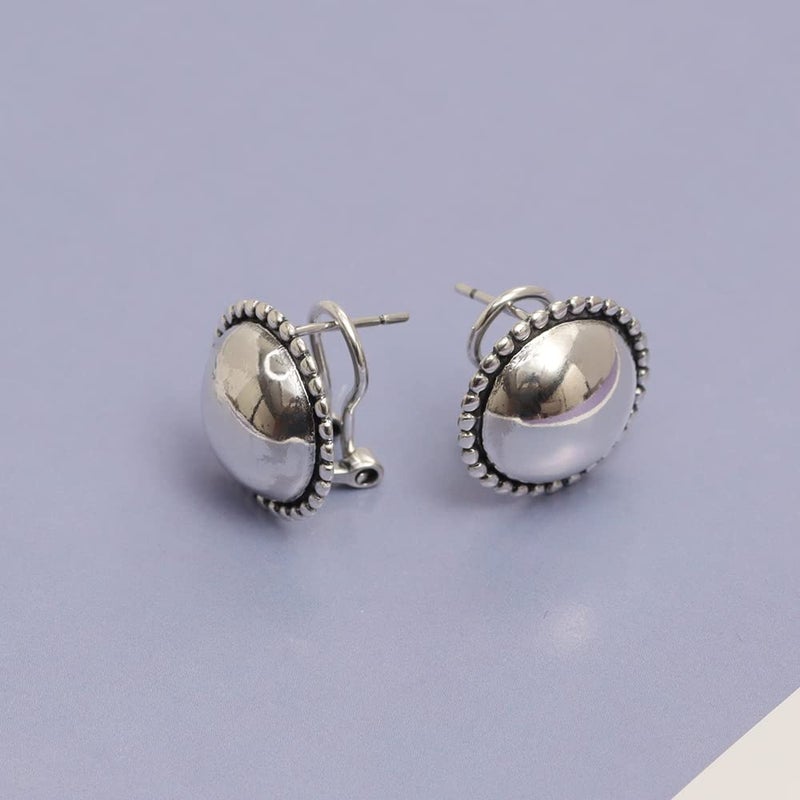 LeCalla 925 Sterling Silver Omega Back Earrings Jewelry Medium Large Two-Tone Round Antique Dome Omega-Clip Back Stud Earring for Women - 15MM - Image 5