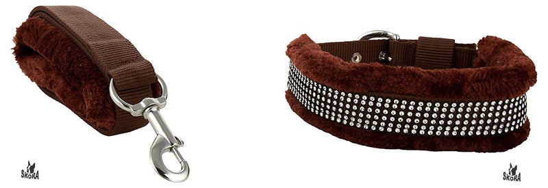 Skora Brown Fancy Dog Collar & Leash with Soft Fur - Medium 1.25 Inch Brown - Image 1