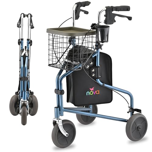 NOVA Traveler Folding 3Wheel Walker with Tray Basket Pouch Cup Holder Lightweight Mobility Aid for Seniors Adults 8 AllTerrain Wheels for Tight Spaces Travel Blue - Image 2