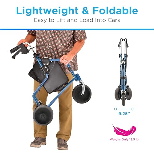NOVA Traveler Folding 3Wheel Walker with Tray Basket Pouch Cup Holder Lightweight Mobility Aid for Seniors Adults 8 AllTerrain Wheels for Tight Spaces Travel Blue - Image 5