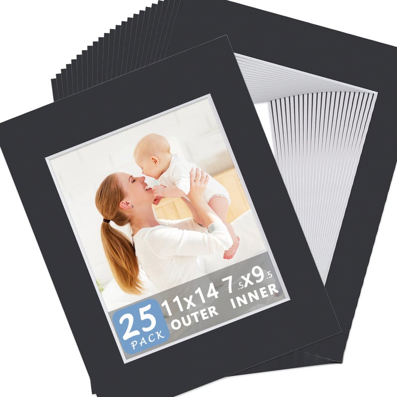 Somime 25 Pack Black Picture Mats  11x14 PreCut Mats for 8x10 Photos  White Core Bevel Cut Frame Matte Acid Free Ideal for Frames Artwork and Prints