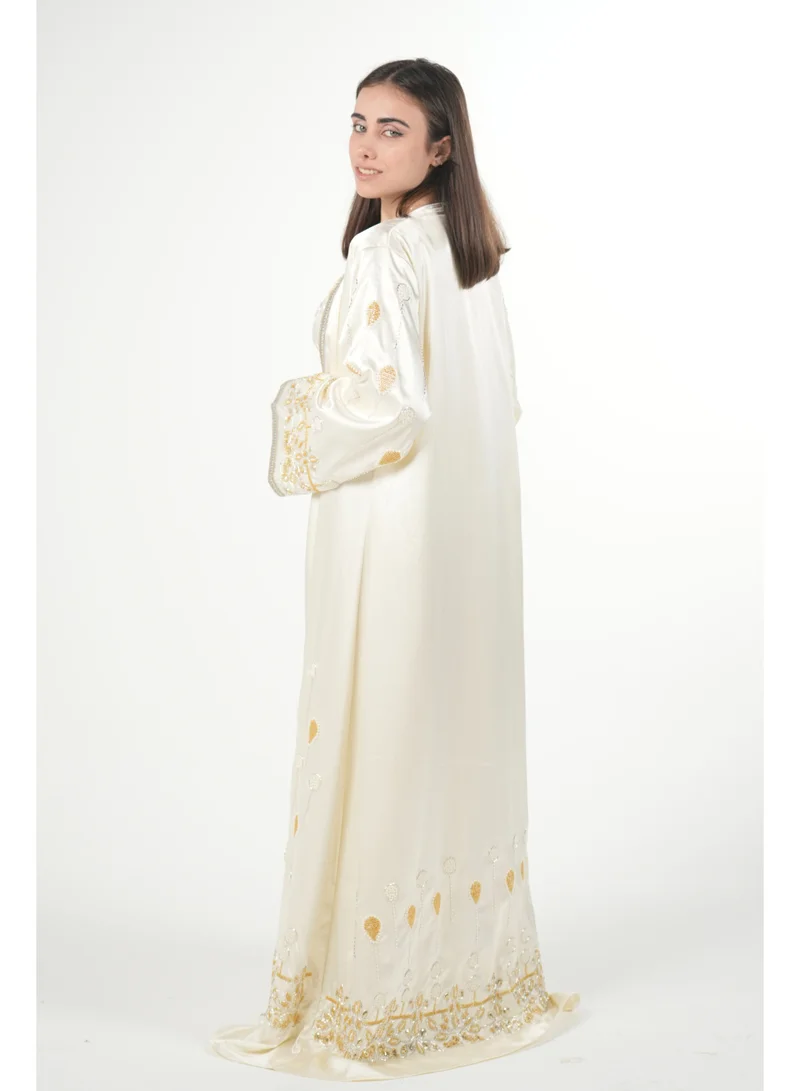 AL BENT AL SHARQIEH off white embroidered satin kaftan dress for Women | Best Price UAE