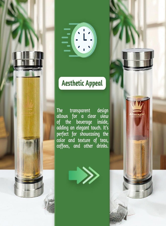Almagic Tea Infuser Bottle for Loose Leaf Teas, 400 ml / 13.5 fl oz Double Wall Glass Tea Bottle with Infuser, Insulated Tea Tumbler with Infuser, Leak Proof Water Bottle with Protective Travel Sleeve - Image 2