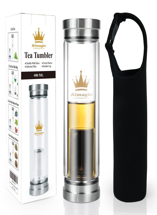 Almagic Tea Infuser Bottle for Loose Leaf Teas, 400 ml / 13.5 fl oz Double Wall Glass Tea Bottle with Infuser, Insulated Tea Tumbler with Infuser, Leak Proof Water Bottle with Protective Travel Sleeve - Image 1