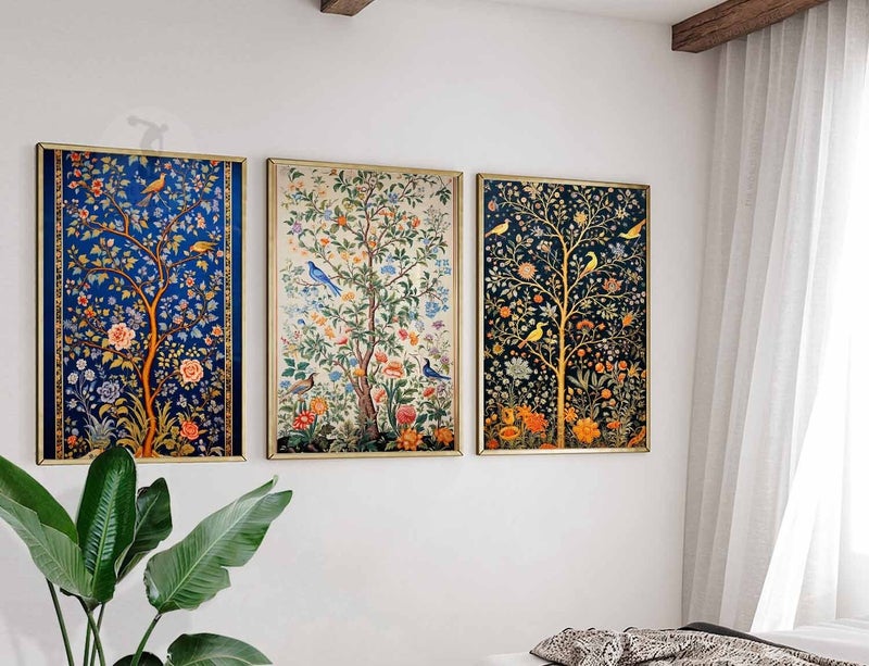 TNESSENTIAL Indian Floral Set of 3 Prints, Indian Decor, Floral Wall Art, Vintage Cultural Art, Wall Art Decor, Traditional Pichwai Art, Indian Gift - Image 1