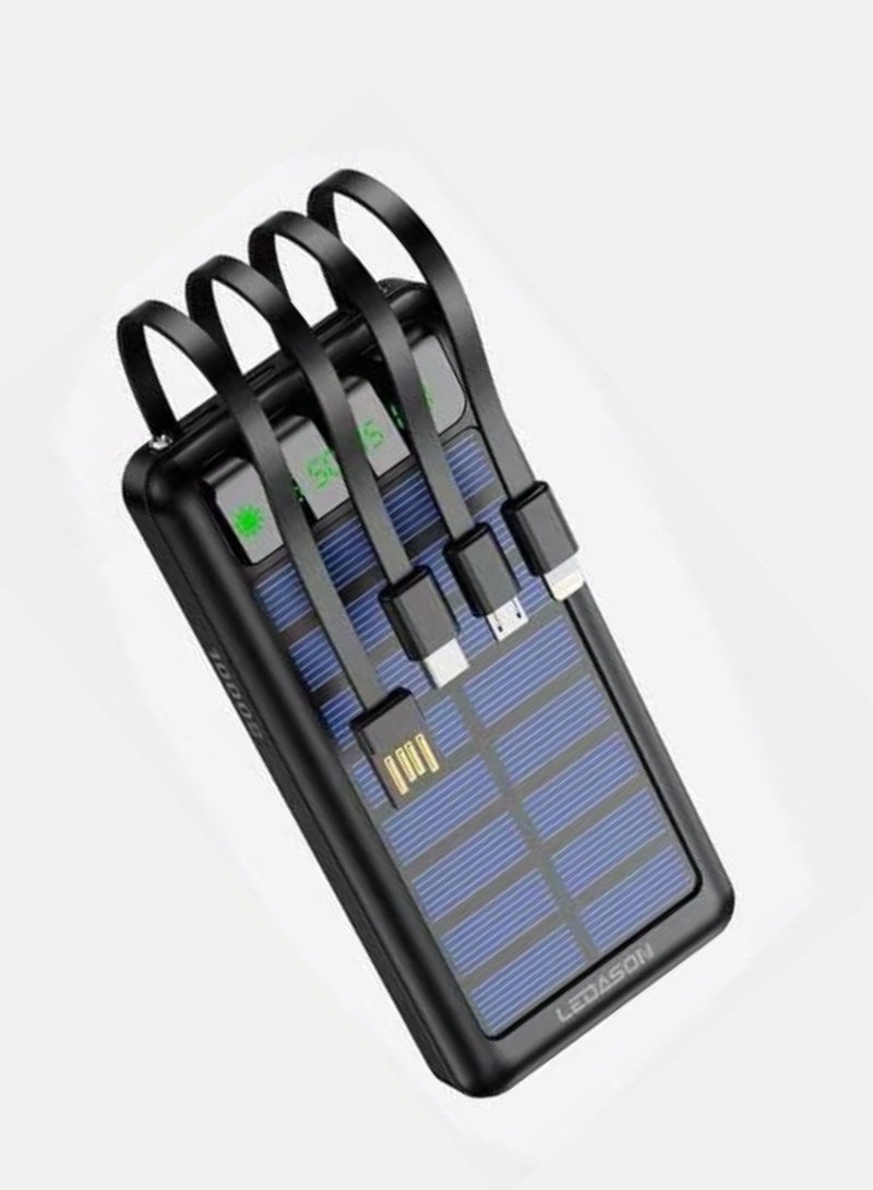 LEDASON بنك الطاقة الشمسية ليداسون 10000 مللي أمبير/ساعة - 4 كابلات مدمجة (USB، Type-C، Mini، Lightning)، مصابيح LED مزدوجة، شاشة عرض، شحن سريع 2.4 أمبير - Image 1