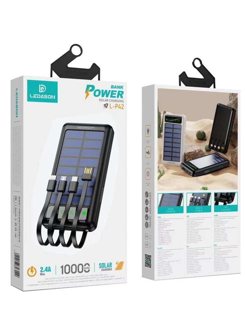 LEDASON بنك الطاقة الشمسية ليداسون 10000 مللي أمبير/ساعة - 4 كابلات مدمجة (USB، Type-C، Mini، Lightning)، مصابيح LED مزدوجة، شاشة عرض، شحن سريع 2.4 أمبير - Image 5