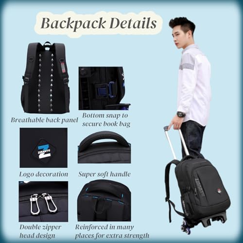 VIDOSCLA Black Kids Boys Rolling Backpack Teens Carry-on Luggage with Wheels Trolly BookBag for School-2 Wheels - Image 5