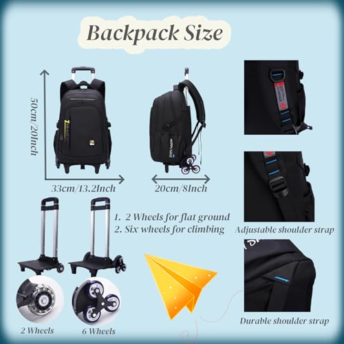 VIDOSCLA Black Kids Boys Rolling Backpack Teens Carry-on Luggage with Wheels Trolly BookBag for School-2 Wheels - Image 3