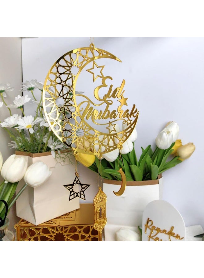 1PC Eid Mubarak Acrylic Gold Moon Star Lantern Hanging Pendant – Ramadan Kareem Islamic Hanging Ornament Decor - Image 3