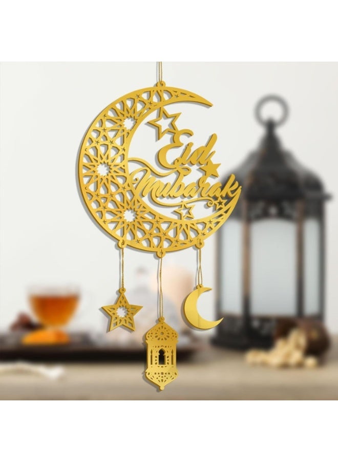 1PC Eid Mubarak Acrylic Gold Moon Star Lantern Hanging Pendant – Ramadan Kareem Islamic Hanging Ornament Decor - Image 1