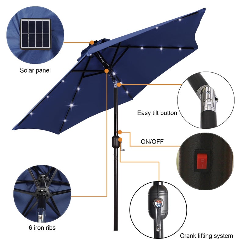 Blissun 7.5 ft Solar Umbrella 18 LED Lighted Patio Umbrella Table Market Umbrella with Tilt and Crank Outdoor Umbrella for Garden, Deck, Backyard, Pool and Beach (Navy Blue) - Image 2