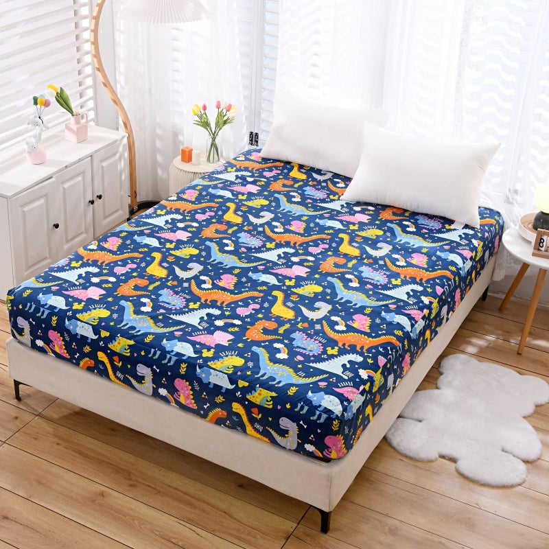 NATURETY Bedding Fitted Sheet with Deep PocketDino Printed Thicken Soft Fabric Bed Sheets Navy BlueDinosaur Queen