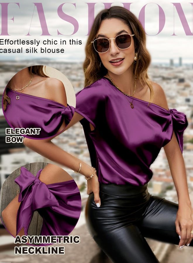VIDUSSA Womens Off Shoulder Silk Satin Tops Short Sleeve Casual Dressy Tunic Blouse Shirts Purple XL - Image 4