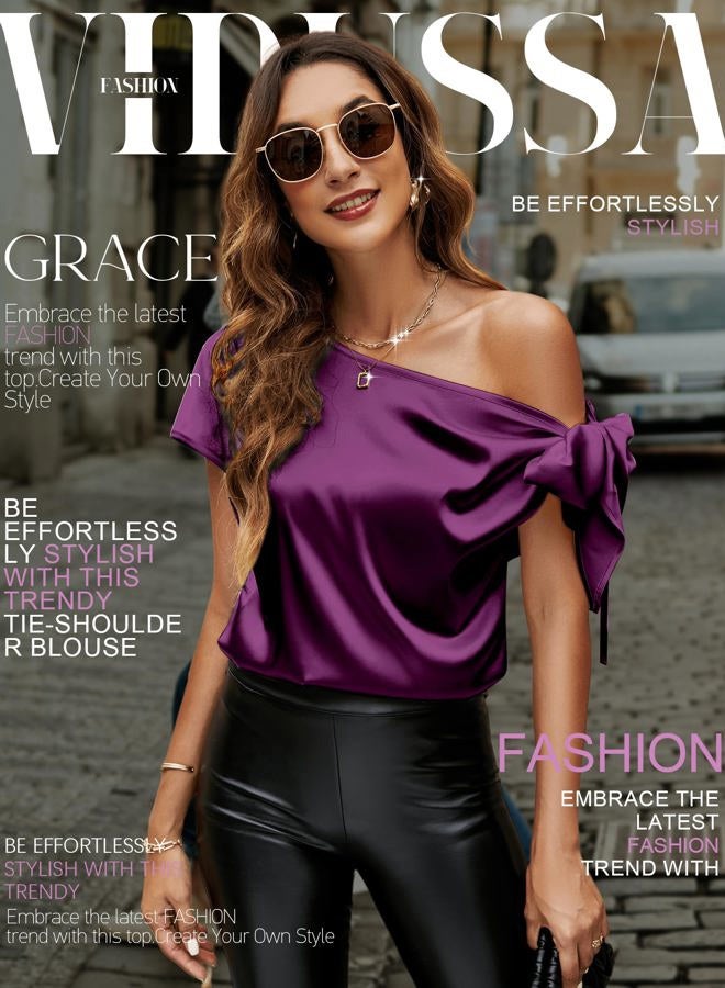 VIDUSSA Womens Off Shoulder Silk Satin Tops Short Sleeve Casual Dressy Tunic Blouse Shirts Purple XL - Image 3