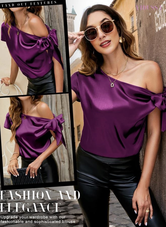 VIDUSSA Womens Off Shoulder Silk Satin Tops Short Sleeve Casual Dressy Tunic Blouse Shirts Purple XL - Image 5