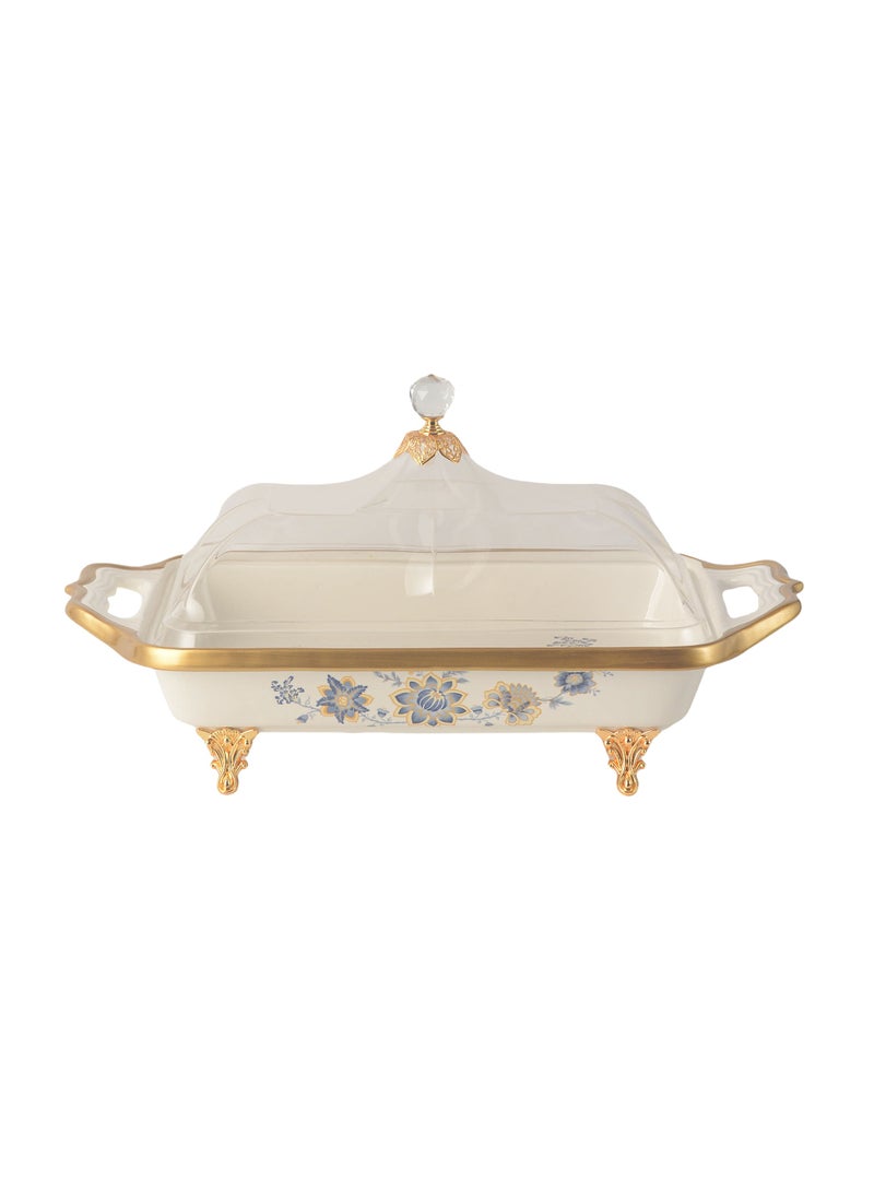 Life Smile LIFE SMILE Square Bone China Fruit Bowl With Cover  - Serving Basket with Gold Stand and Acrylic Lid with Knob For Fruit ,Snack, Nuts ,Cake & Dessert Storage - Image 1