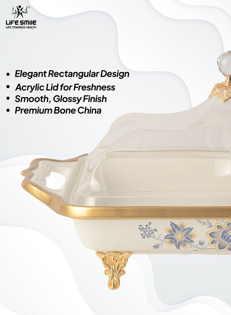 Life Smile LIFE SMILE Square Bone China Fruit Bowl With Cover  - Serving Basket with Gold Stand and Acrylic Lid with Knob For Fruit ,Snack, Nuts ,Cake & Dessert Storage - Image 4