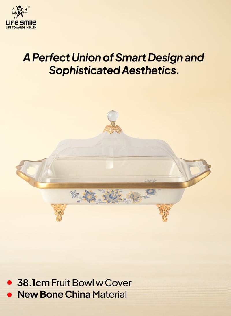 Life Smile LIFE SMILE Square Bone China Fruit Bowl With Cover  - Serving Basket with Gold Stand and Acrylic Lid with Knob For Fruit ,Snack, Nuts ,Cake & Dessert Storage - Image 2