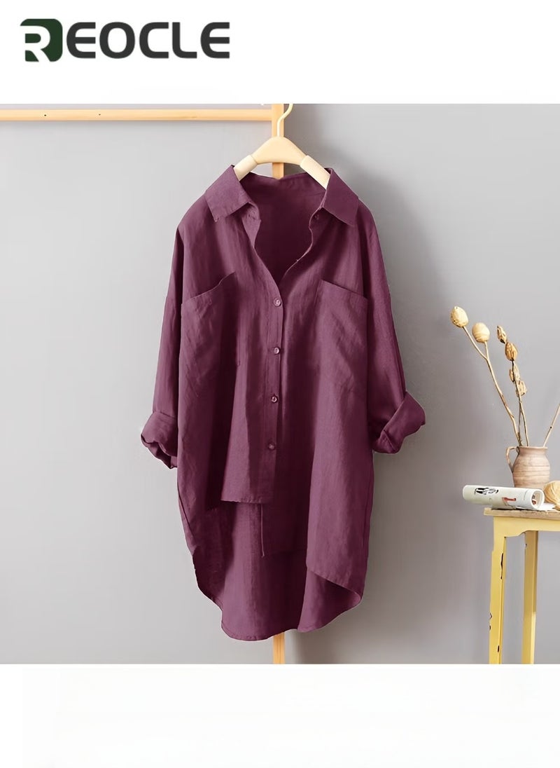 REOCLE Casual Style Solid Color Shirt Autumn Versatile New Women's Double Pocket Long-sleeved Top - Image 5
