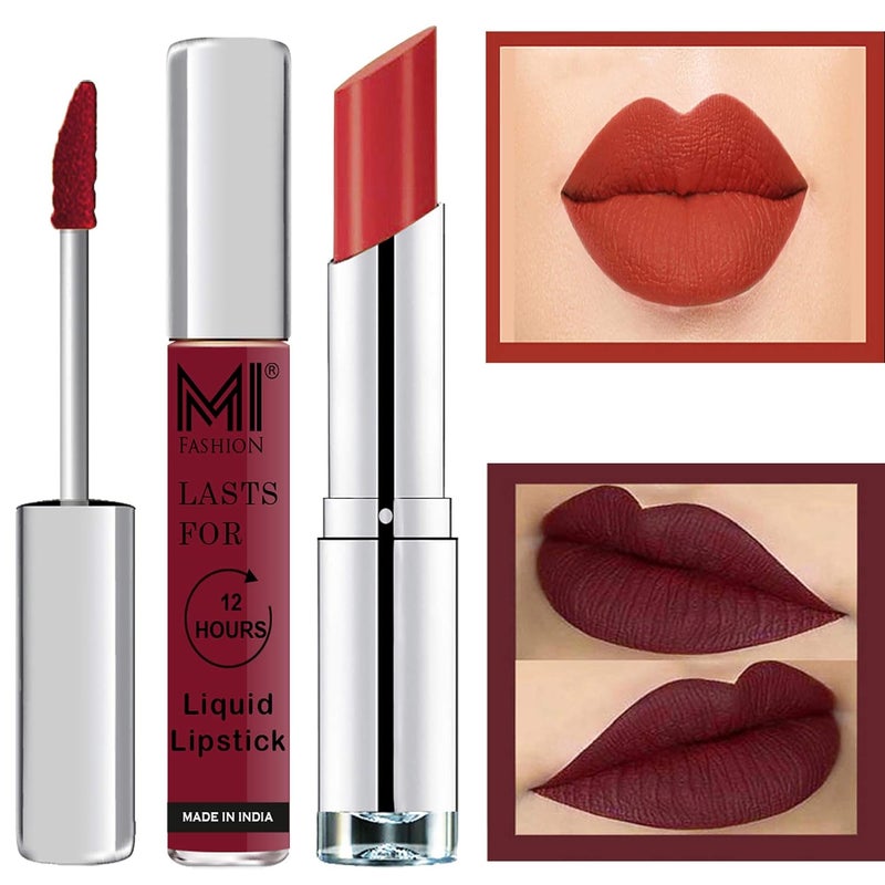 MI Fashion Made in India Lipstick Combo Offers 100 Veg Long Lasting Red Liquid Matte Lipstick Orange Fever Creamy Matte Lipstick - Image 1