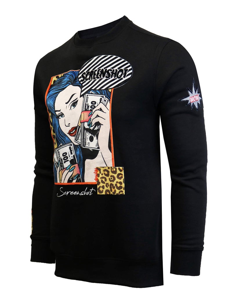 SCREENSHOT Mens Premium Crew Neck Fleece Fashion Art Embroidery Sweatshirt CLASSIC F11053-BLACK-Medium - Image 1