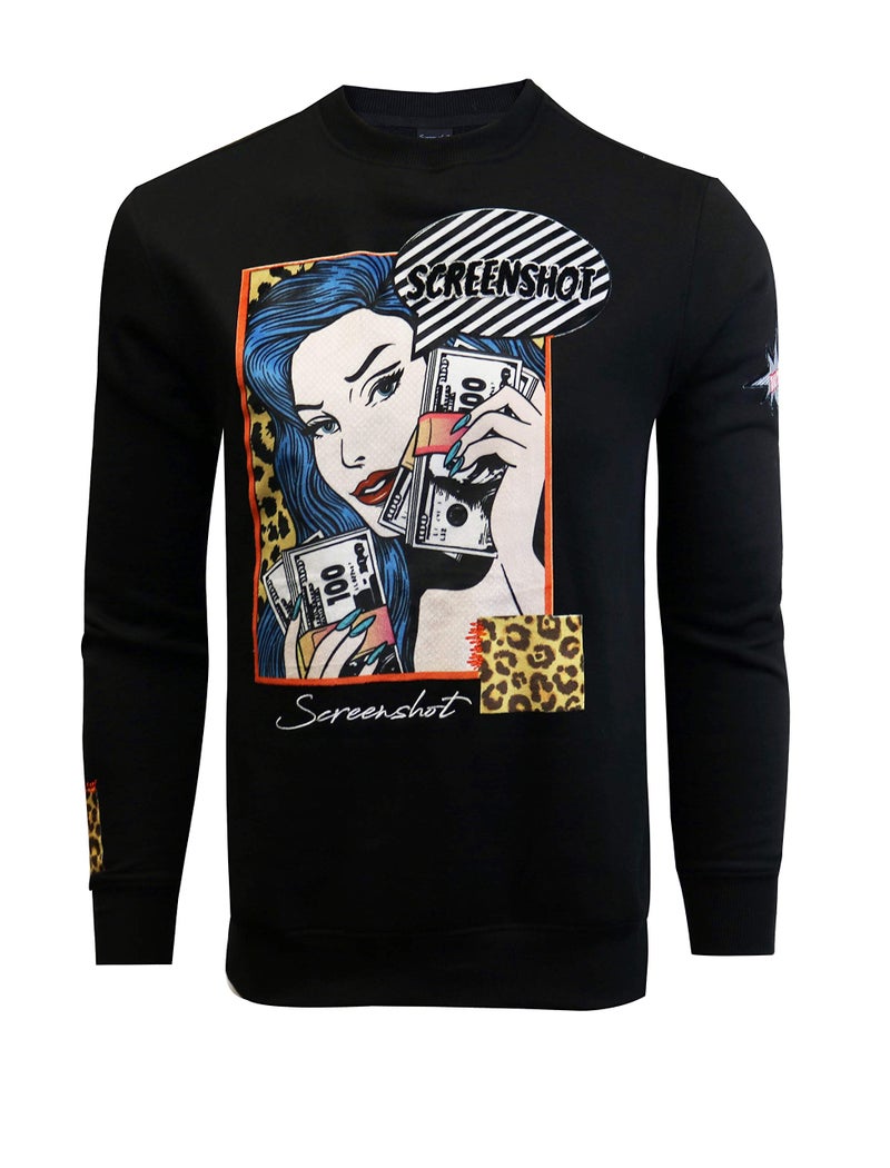 SCREENSHOT Mens Premium Crew Neck Fleece Fashion Art Embroidery Sweatshirt CLASSIC F11053-BLACK-Medium - Image 2