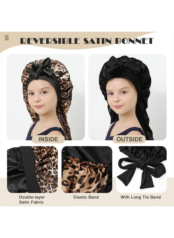 AWAYTR Kids Long Hair Bonnet for Sleeping - Double Layer Girls Elastic Satin Bonnet with Tie Band for Braid Curly Hair (Leopard+Black) - Image 2