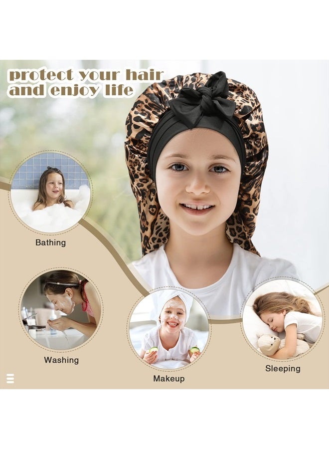 AWAYTR Kids Long Hair Bonnet for Sleeping - Double Layer Girls Elastic Satin Bonnet with Tie Band for Braid Curly Hair (Leopard+Black) - Image 5