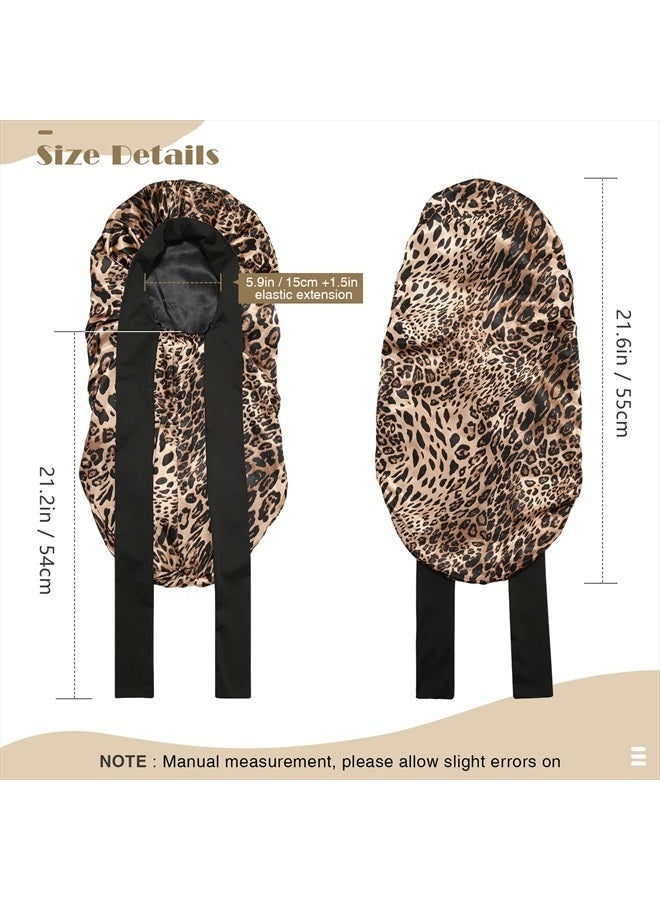 AWAYTR Kids Long Hair Bonnet for Sleeping - Double Layer Girls Elastic Satin Bonnet with Tie Band for Braid Curly Hair (Leopard+Black) - Image 3