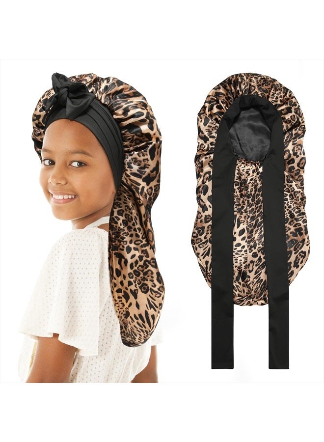 AWAYTR Kids Long Hair Bonnet for Sleeping - Double Layer Girls Elastic Satin Bonnet with Tie Band for Braid Curly Hair (Leopard+Black) - Image 1