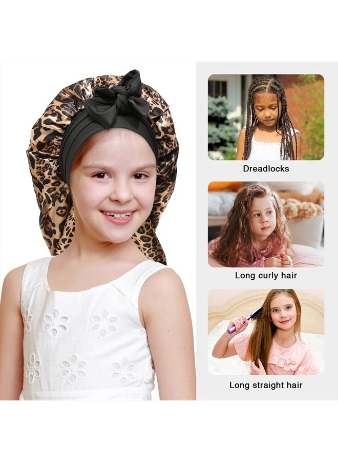 AWAYTR Kids Long Hair Bonnet for Sleeping - Double Layer Girls Elastic Satin Bonnet with Tie Band for Braid Curly Hair (Leopard+Black) - Image 4